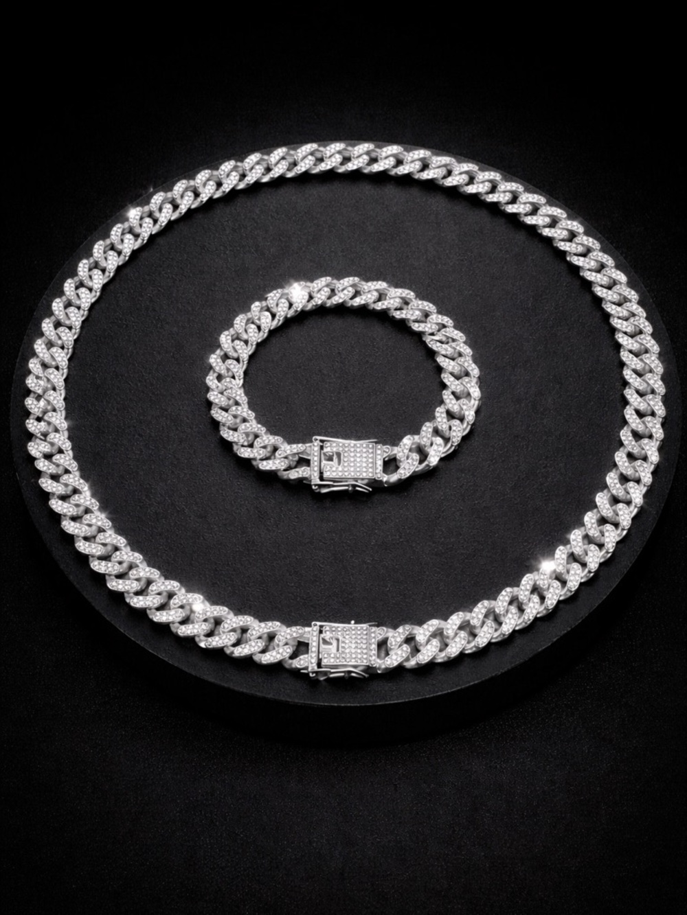 Men’s Iced Cuban Link Chain & Bracelet Set Silver Statement Diamond-Cut Luxury
